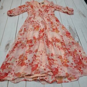 Melonie V neck floral tiered midi dress flowy romantic wedding spring peach